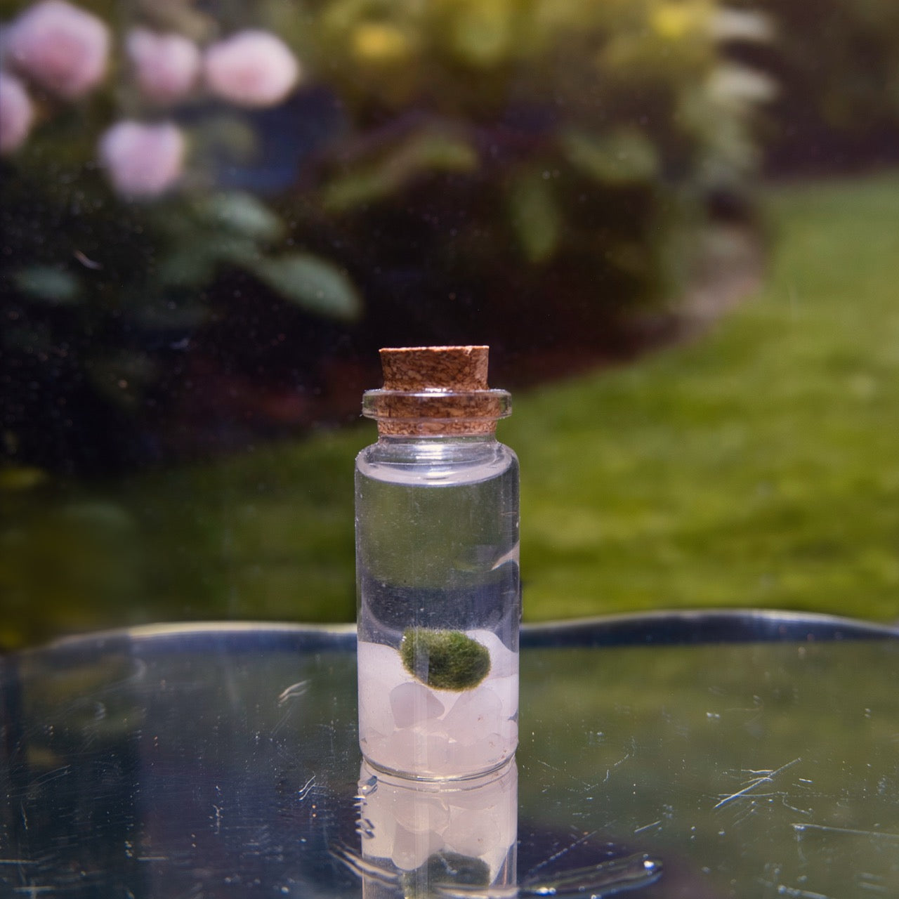 Small glass bottle with a baby marimo moss ball sitting on rose quartz chips with cork lid on a reflective surface with a blurred natural background.