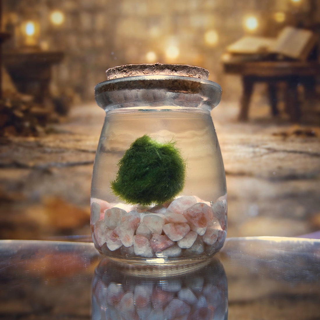A marimo moss ball cradled in sunstone crystals inside a corked glass jar, softly lit against a candlelit library scene