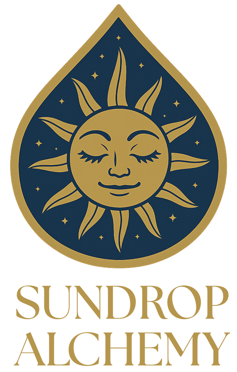 Logo of Sundrop Alchemy with a stylized golden sun face on a blue background