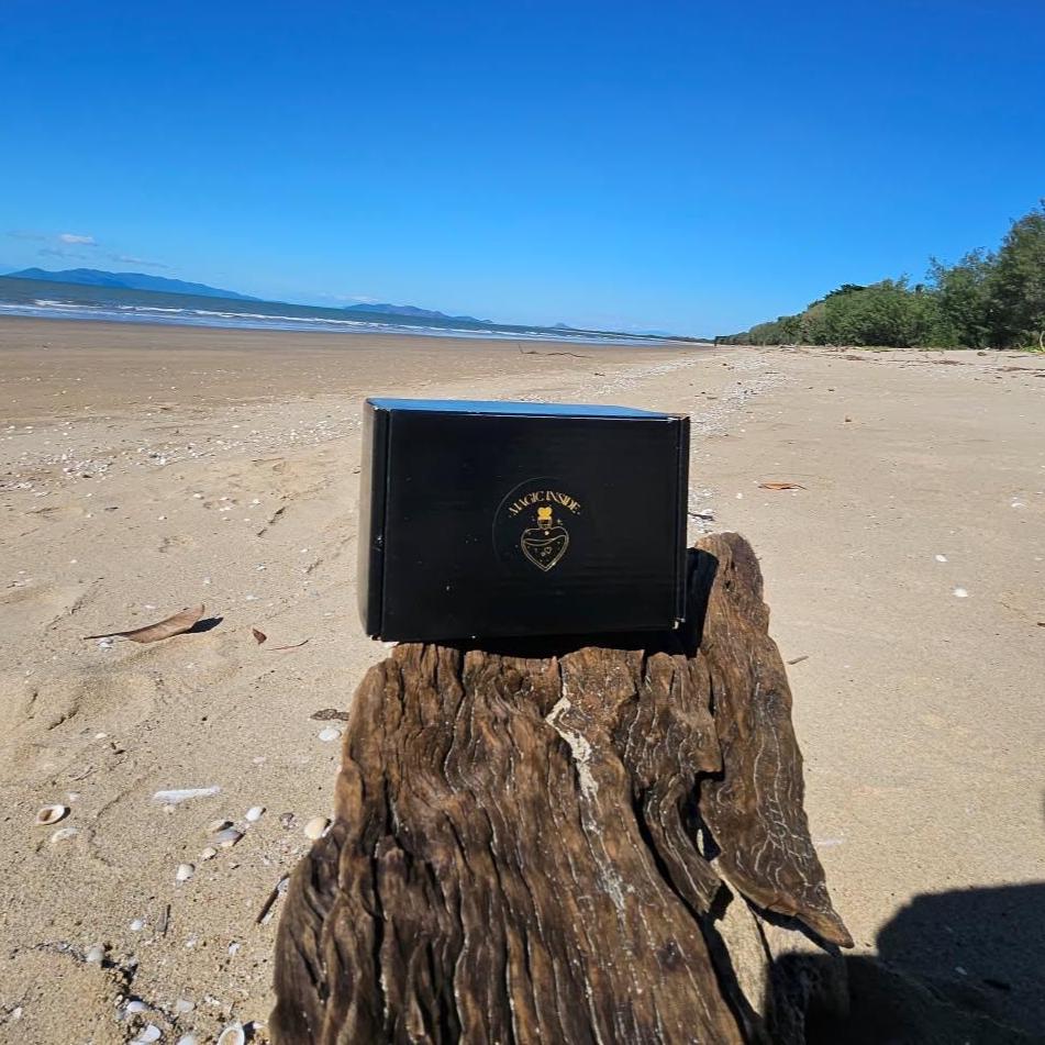 Black Magic Inside box on a wooden stump on a sandy beach with blue sky and distant mountains.