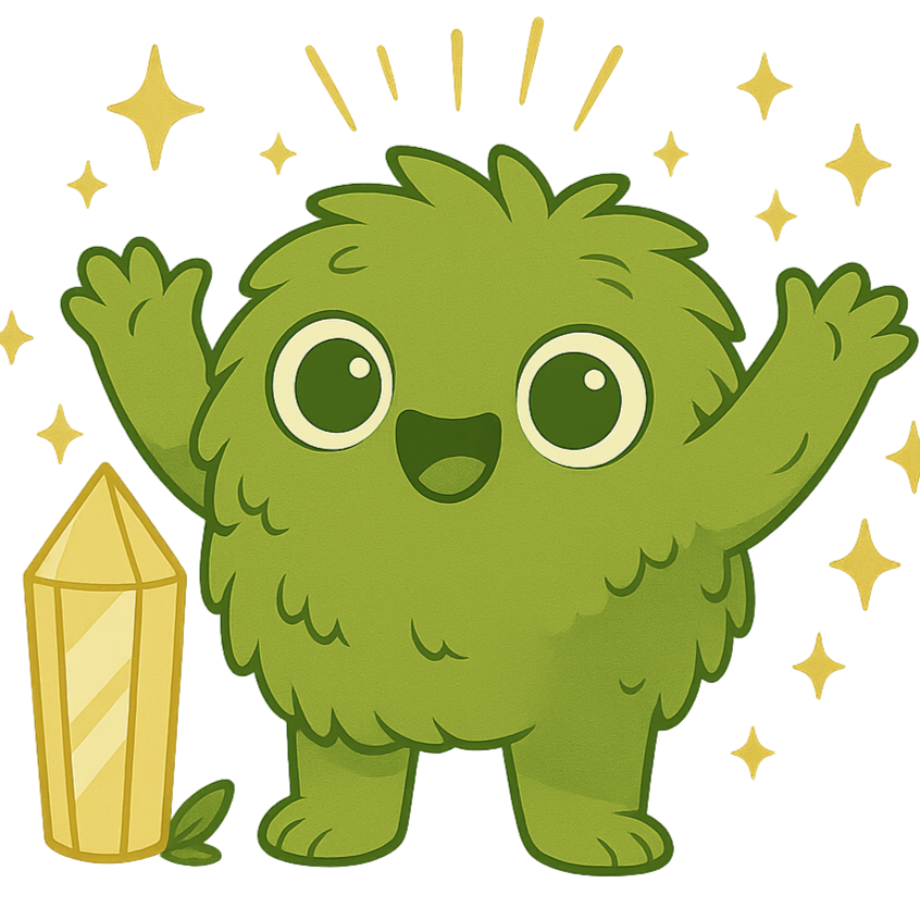 Cartoon green Golden Moonling creature with a crystal and stars on a white background 