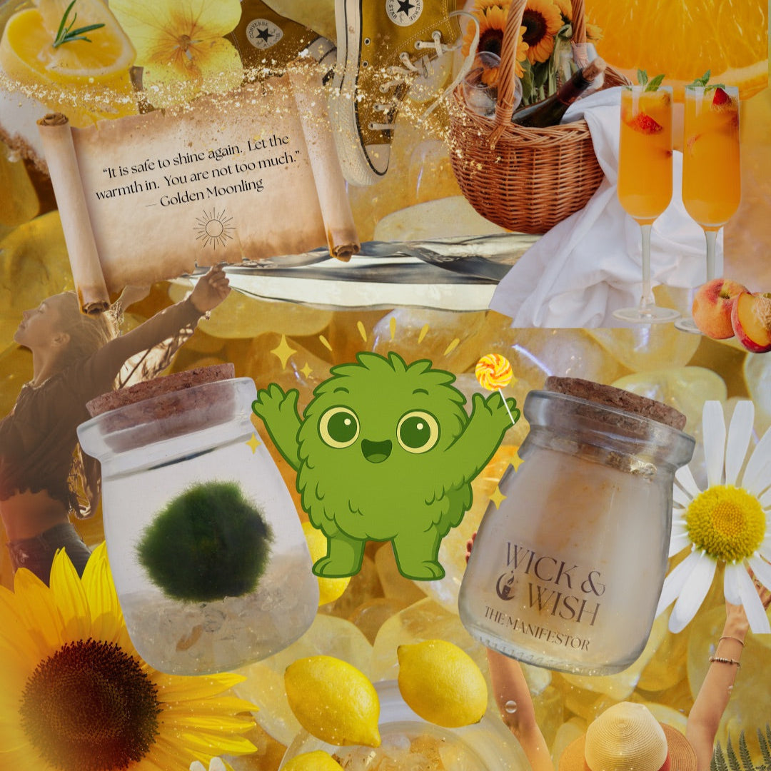 Collage with jars, a green creature, and sunflowers on a yellow background to represent citrine energy of joy, sunlight, and abundance.