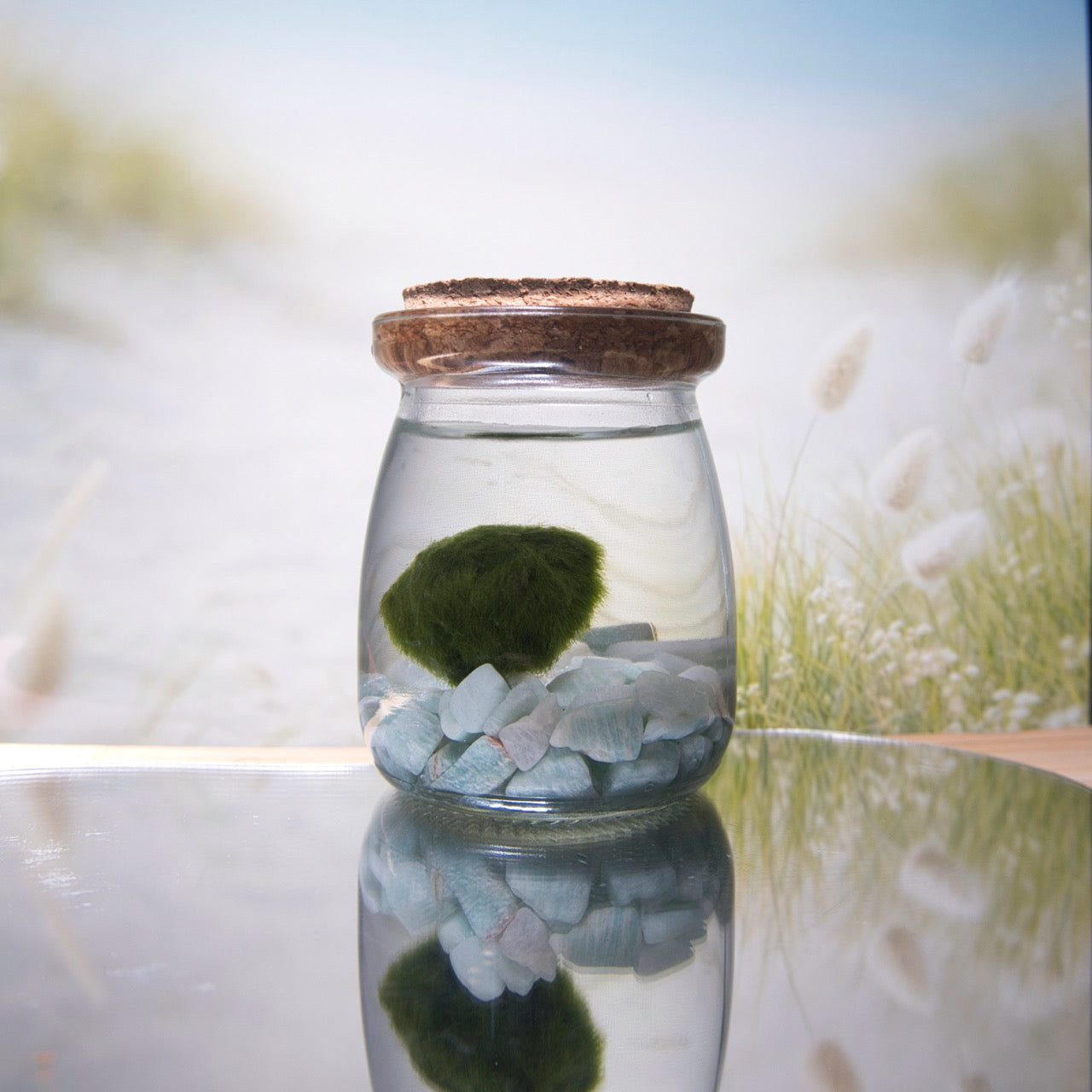 Amazonite Wayfinder Moonling – Moss Ball Pet for Boundaries and Calm Courage