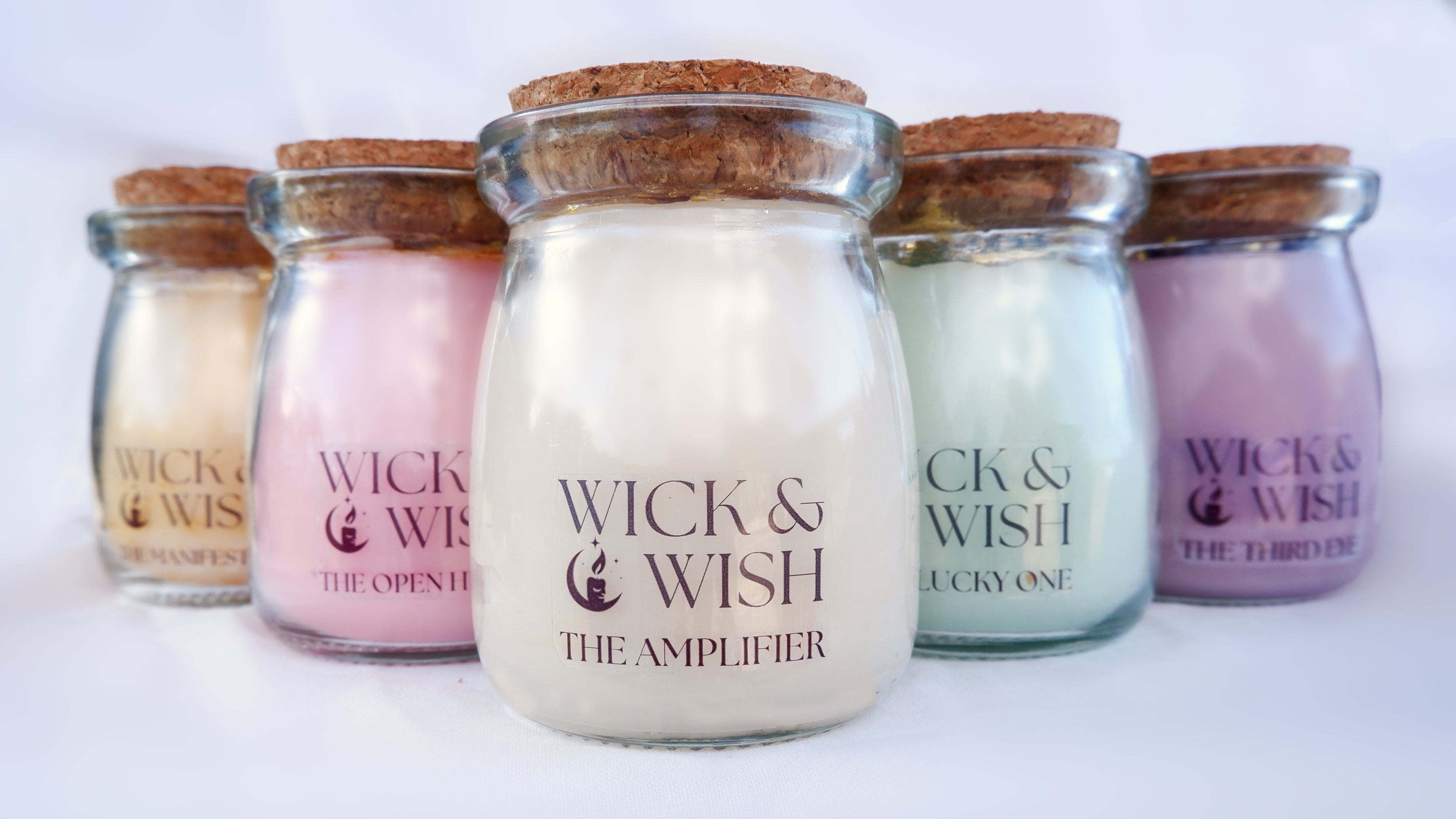 Set of glass jars with cork lids labeled 'Wick & Wish' on a white background